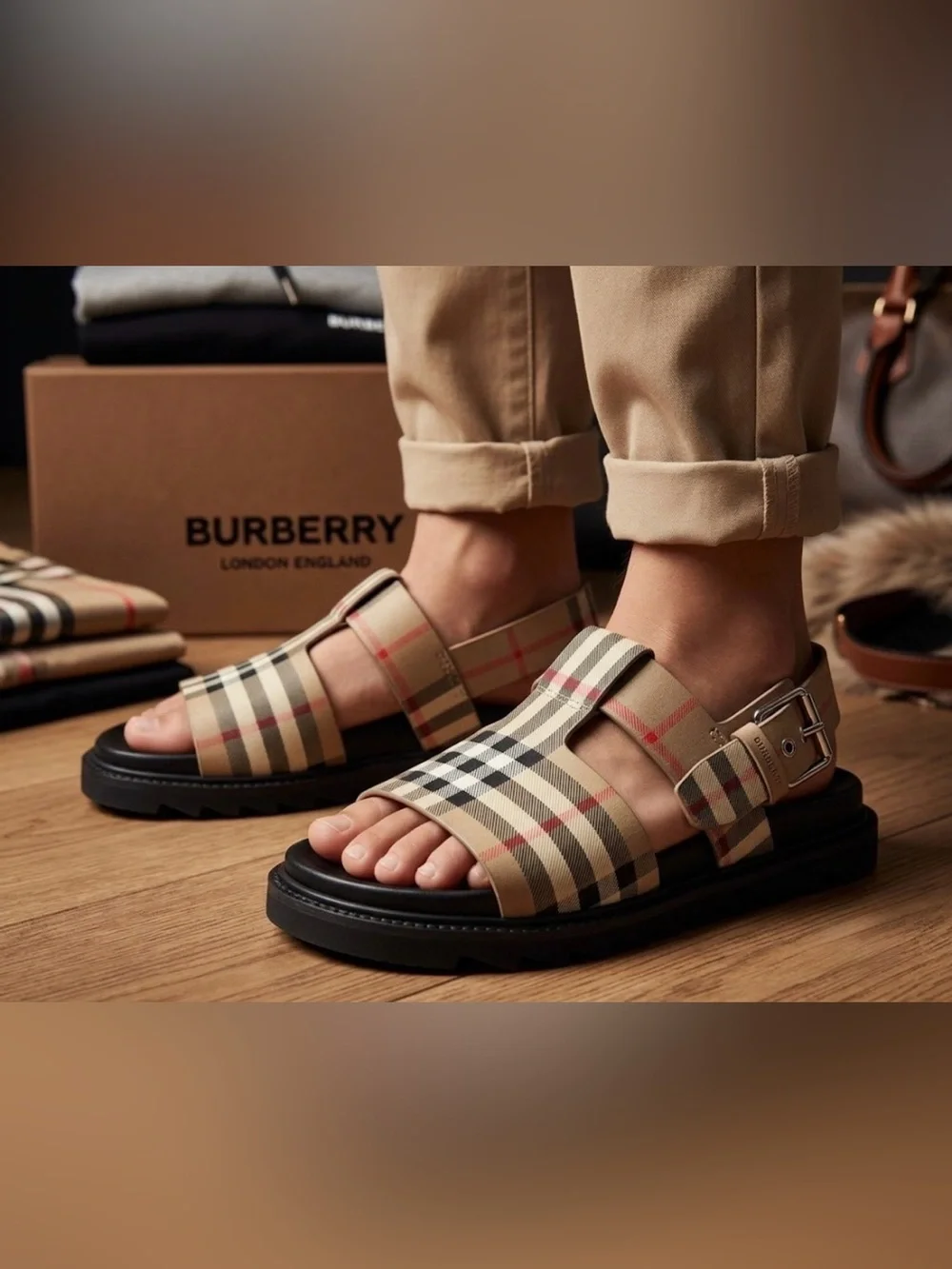 Authentic Burberry luxury designer boy's signature nova check leather sandals 4